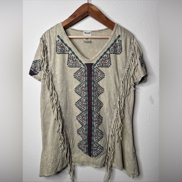 Vocal Beige Embroidered Fringe Tee - Picture 1 of 10